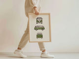 Grüner Bulli Rundumansicht in Aquarell - Kunstdruck