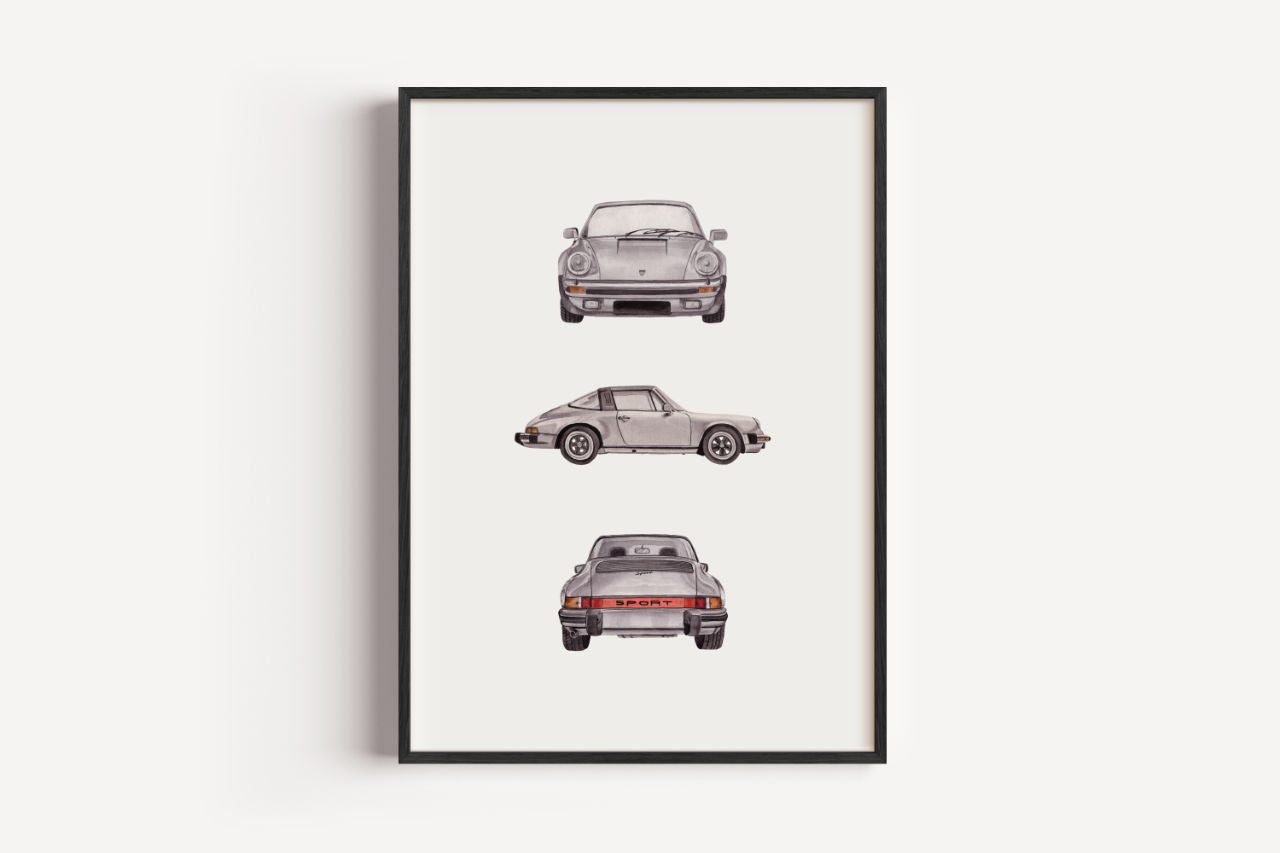 Silbernes Sportwagen Rundumansicht in Aquarell - Kunstdruck