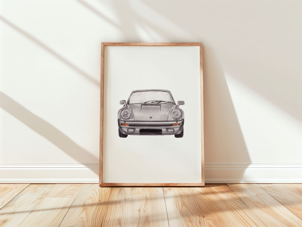 Silbernes Sportwagen Frontansicht in Aquarell - Kunstdruck