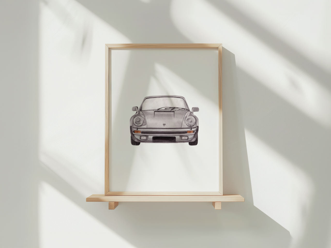 Silbernes Sportwagen Frontansicht in Aquarell - Kunstdruck