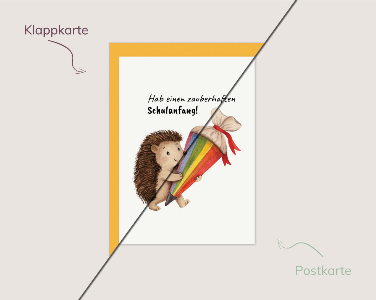 Hab einen zauberhaften Schulstart – Igel mit Regenbogenschultüte