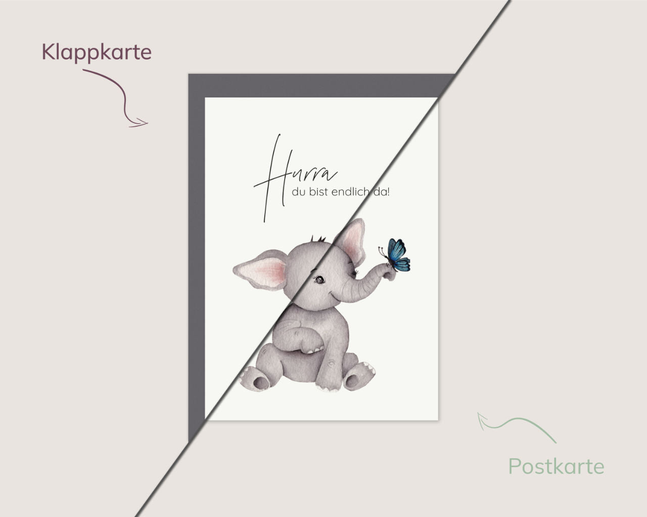 Hurra, du bist endlich da. – Babyelefant mit Schmetterling