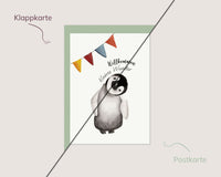 Willkommen, kleines Wunder. – Babypinguin mit Wimpelkette