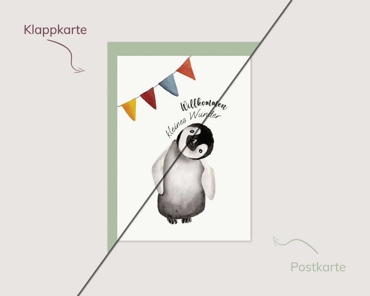 Willkommen, kleines Wunder. – Babypinguin mit Wimpelkette