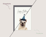 Happy Birthday – Feiernder Mops mit Partyhut