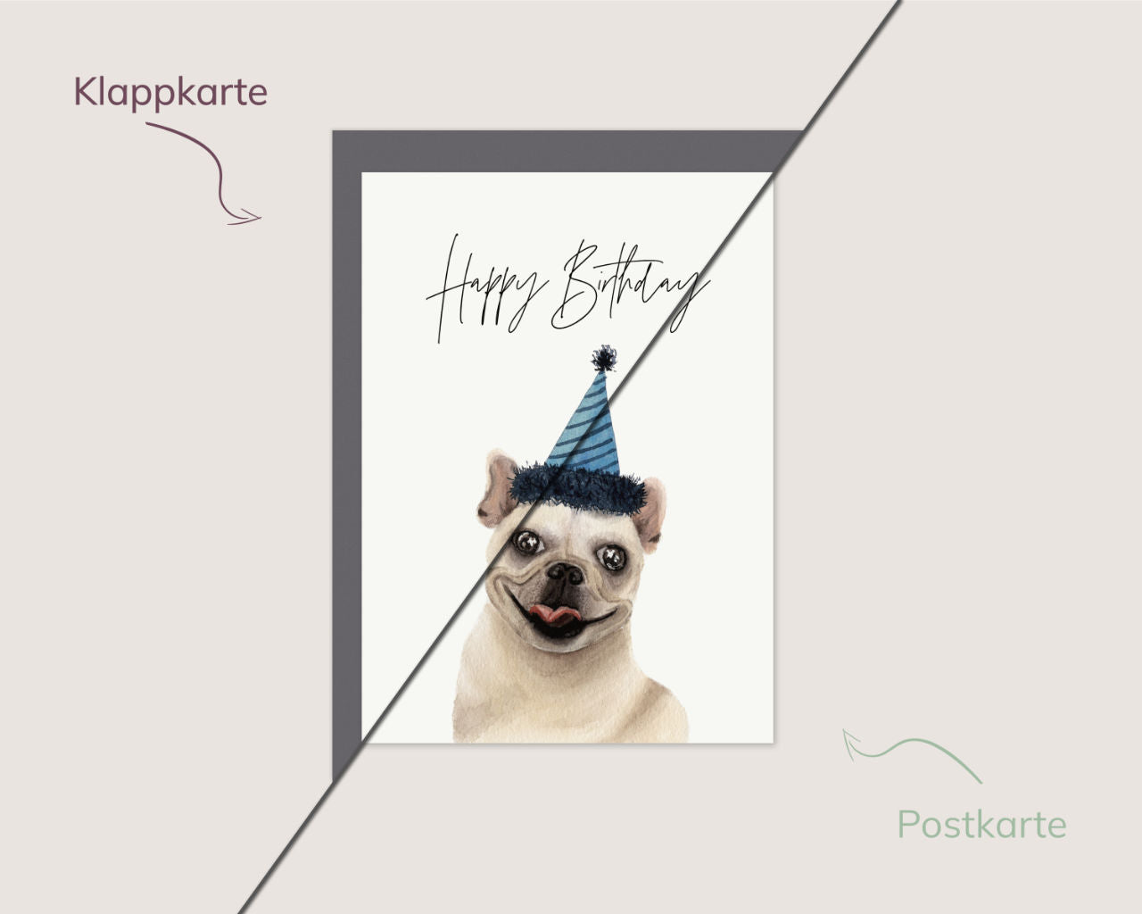 Happy Birthday – Feiernder Mops mit Partyhut