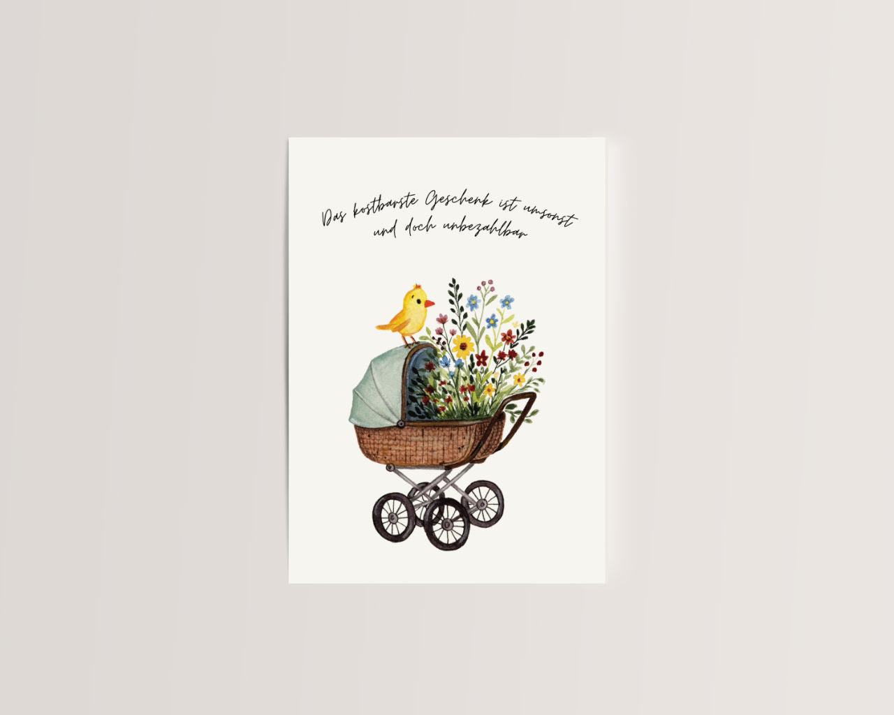 Das kostbarste Geschenk – Retro Kinderwagen mit Wildblumen