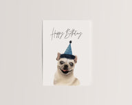 Happy Birthday – Feiernder Mops mit Partyhut
