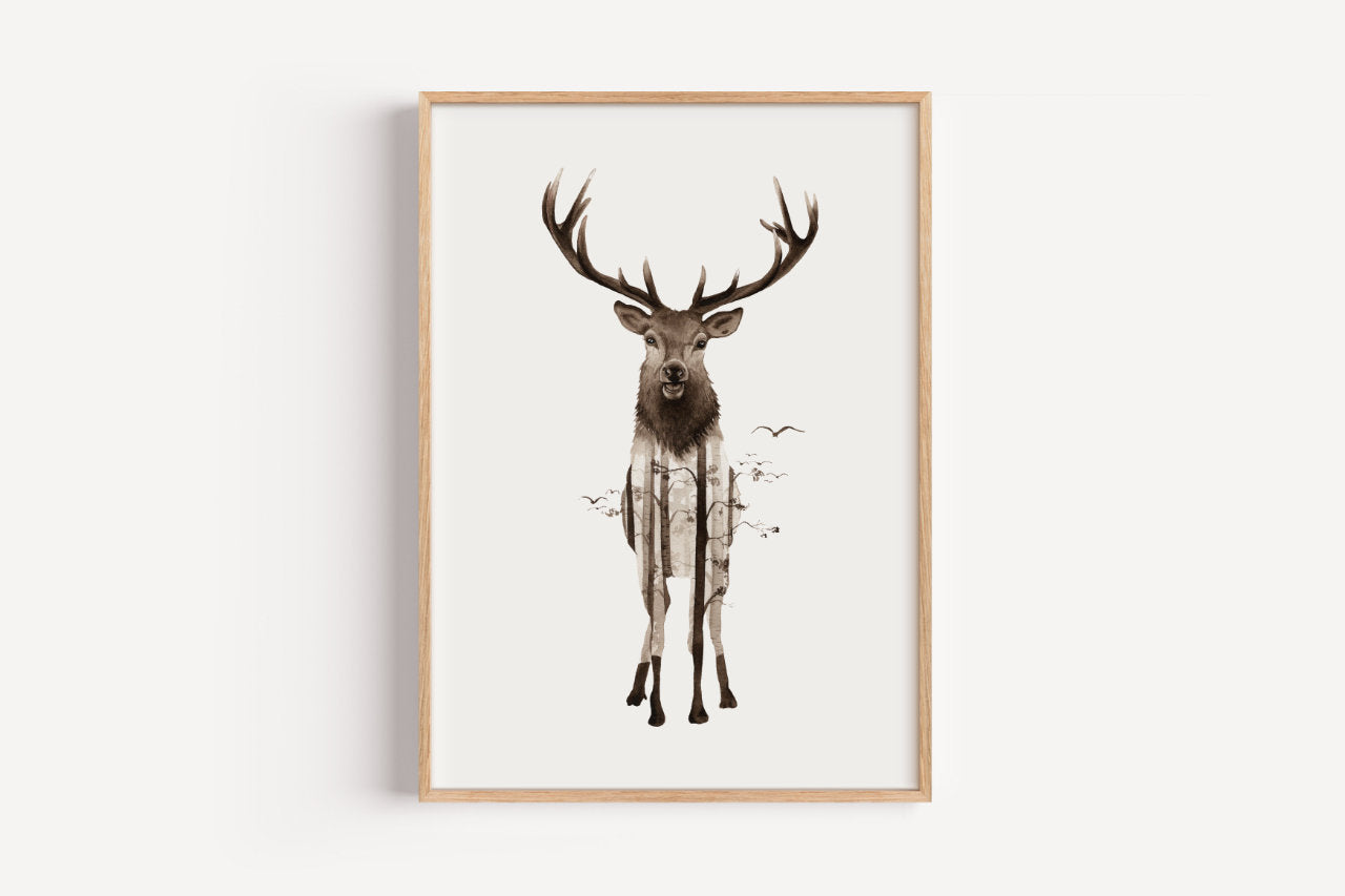 Waldhirsch in Aquarell - Kunstdruck