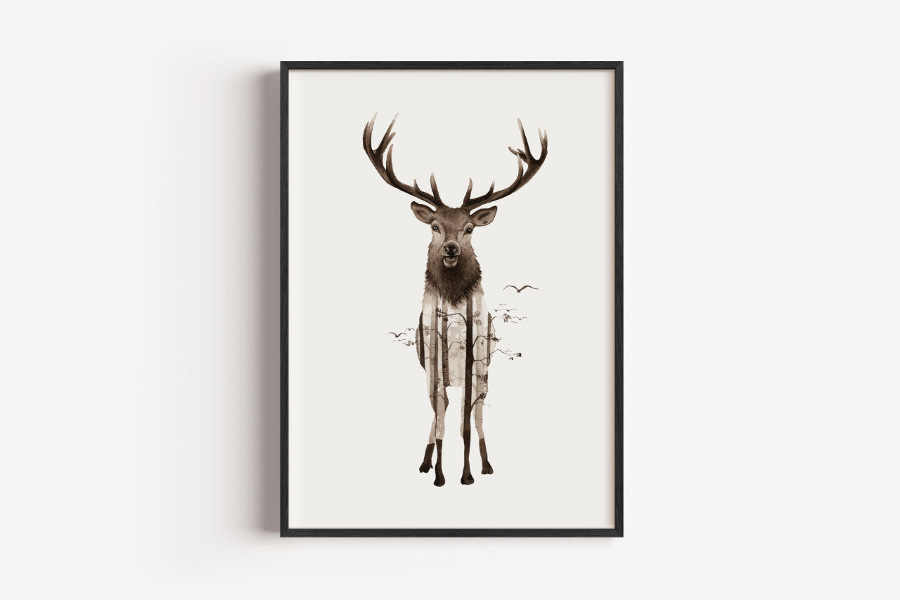 Waldhirsch in Aquarell - Kunstdruck