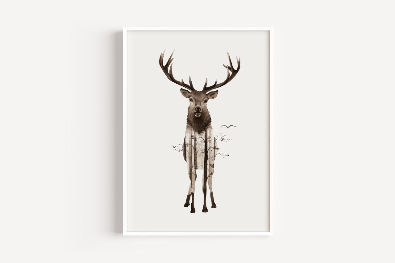 Waldhirsch in Aquarell - Kunstdruck