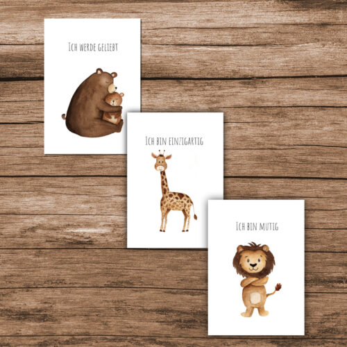 Set Kinderzimmer Affirmationen - Kunstdrucke A5 ach.kreativ - Löwe, Giraffe, Bär